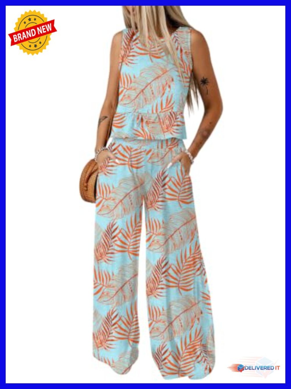 Sleeveless Round Neck Tank Top Wide Leg Pant Set 2 Piece Outfit